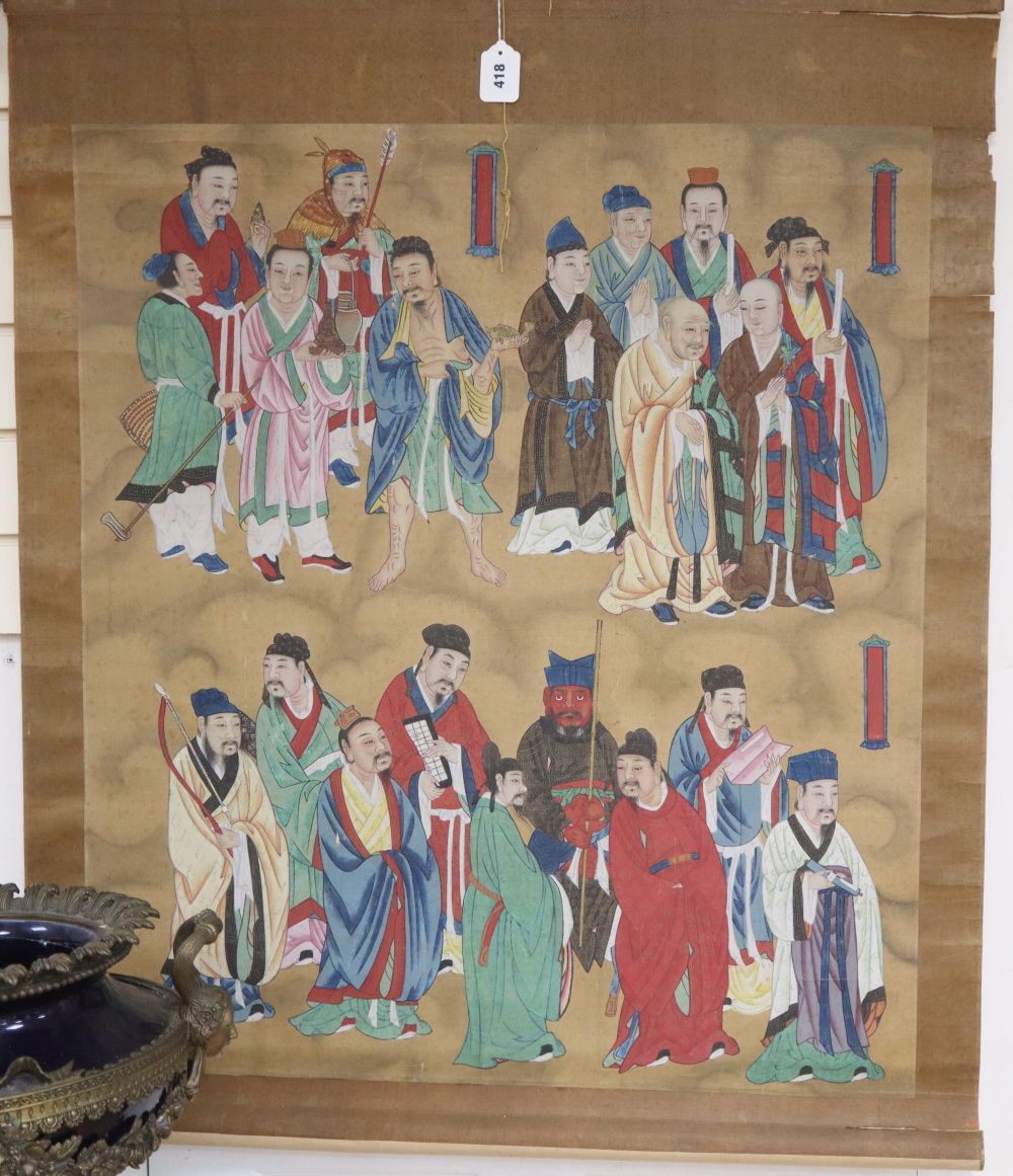 A late 19th century Chinese scroll painting on silk of immortals, image 90 x 79cm